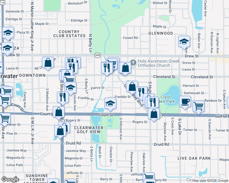 map of restaurants, bars, coffee shops, grocery stores, and more near 205 South Evergreen Avenue in Clearwater