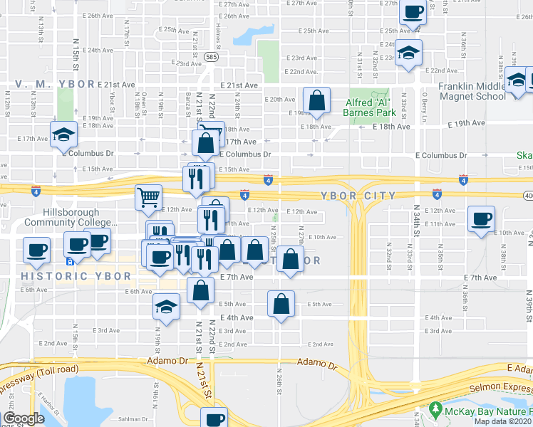 map of restaurants, bars, coffee shops, grocery stores, and more near 2503 East 12th Avenue in Tampa