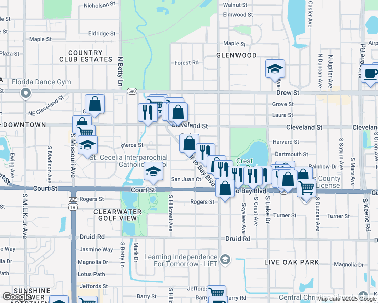map of restaurants, bars, coffee shops, grocery stores, and more near 1446 Gulf to Bay Boulevard in Clearwater