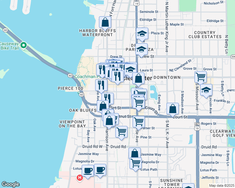 map of restaurants, bars, coffee shops, grocery stores, and more near 207 South Garden Avenue in Clearwater