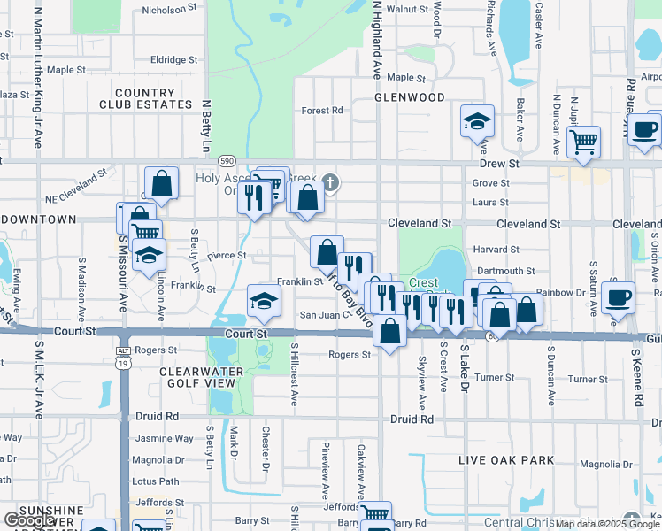 map of restaurants, bars, coffee shops, grocery stores, and more near 1450 Gulf to Bay Boulevard in Clearwater