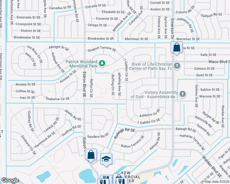 map of restaurants, bars, coffee shops, grocery stores, and more near 1390 Whaling Avenue Southeast in Palm Bay