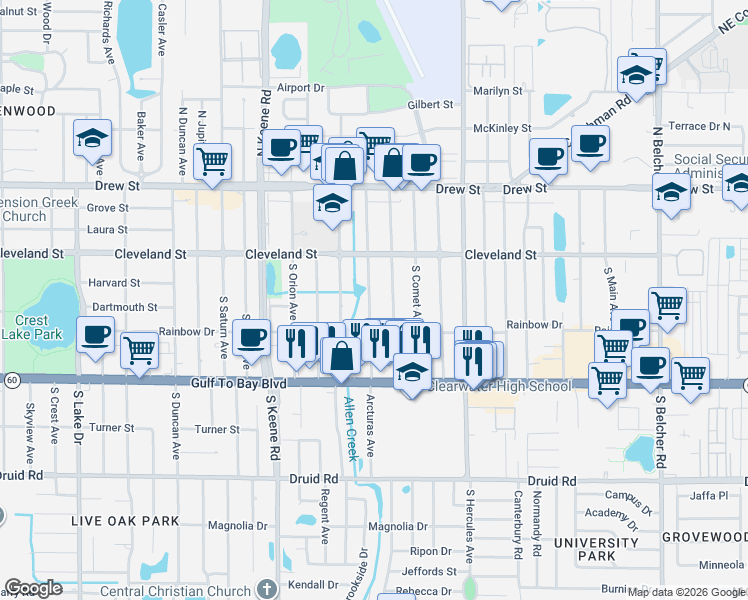 map of restaurants, bars, coffee shops, grocery stores, and more near 109 South Arcturas Avenue in Clearwater