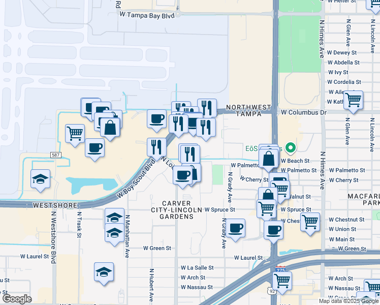 map of restaurants, bars, coffee shops, grocery stores, and more near 2279 North Lois Avenue in Tampa