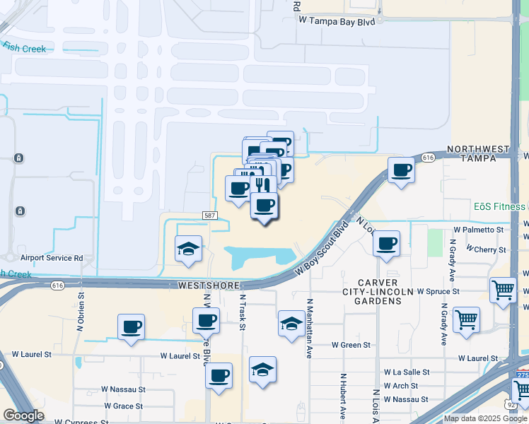 map of restaurants, bars, coffee shops, grocery stores, and more near 2223 North Westshore Boulevard in Tampa