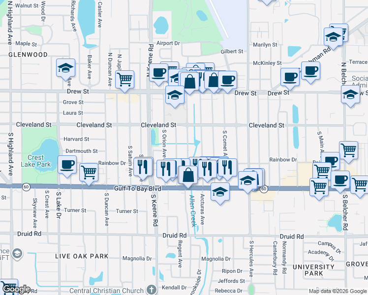 map of restaurants, bars, coffee shops, grocery stores, and more near 219 South Corona Avenue in Clearwater