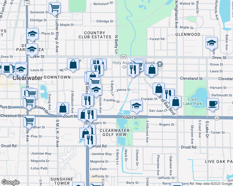 map of restaurants, bars, coffee shops, grocery stores, and more near 1289 Pierce Street in Clearwater