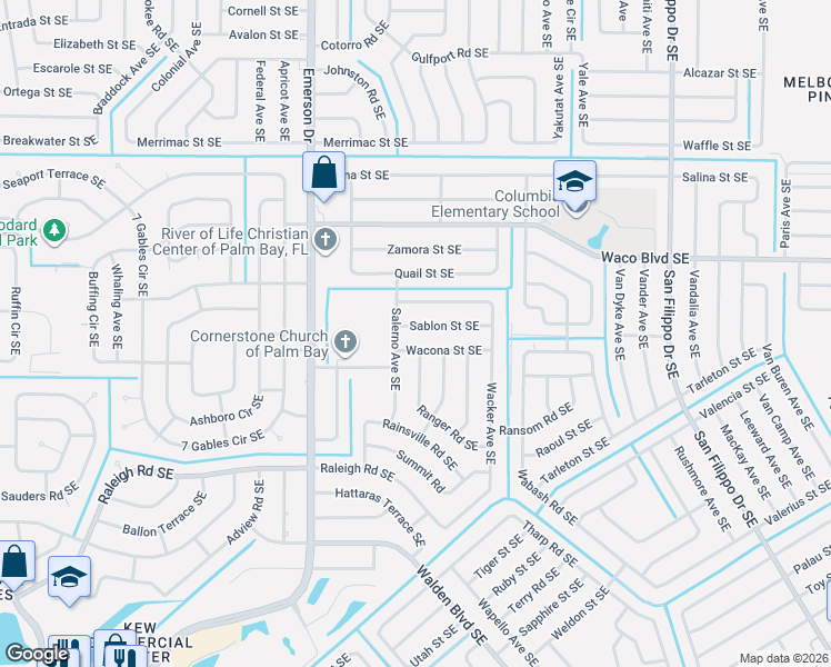 map of restaurants, bars, coffee shops, grocery stores, and more near 1410 Ranger Road Southeast in Palm Bay