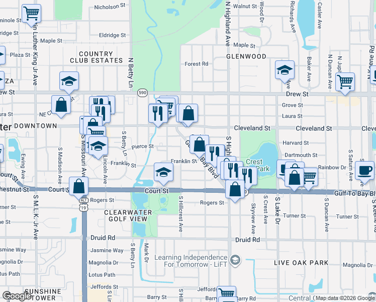 map of restaurants, bars, coffee shops, grocery stores, and more near 1437 Gulf to Bay Boulevard in Clearwater