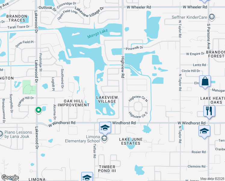 map of restaurants, bars, coffee shops, grocery stores, and more near 812 Regal Palm Court in Brandon