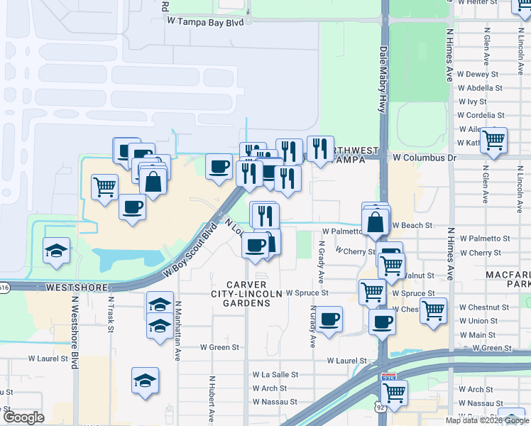 map of restaurants, bars, coffee shops, grocery stores, and more near 4050 West Boy Scout Boulevard in Tampa