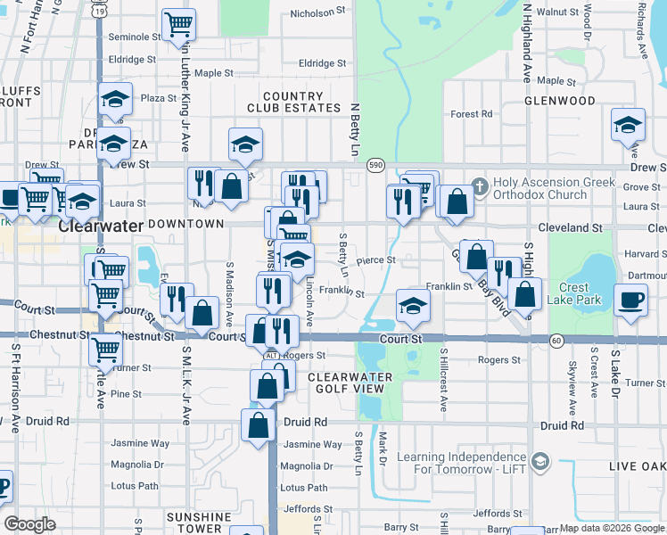 map of restaurants, bars, coffee shops, grocery stores, and more near 1261 Park Street in Clearwater