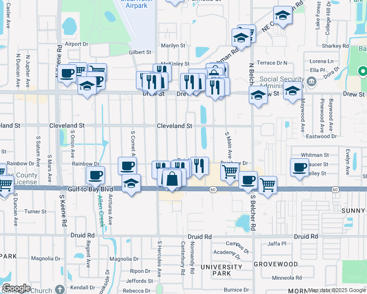 map of restaurants, bars, coffee shops, grocery stores, and more near 104 South Mercury Avenue in Clearwater