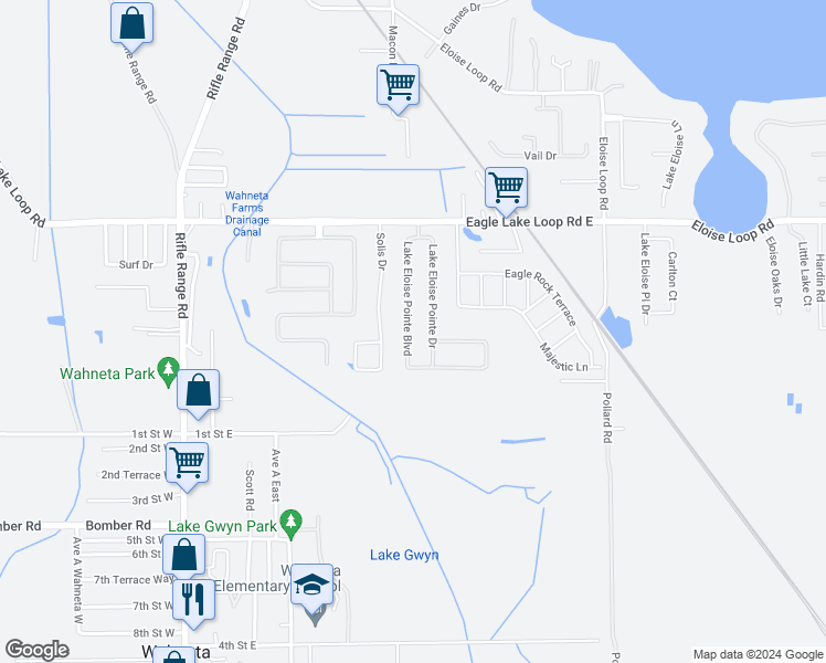 map of restaurants, bars, coffee shops, grocery stores, and more near 276 Lake Eloise Pointe Boulevard in Winter Haven