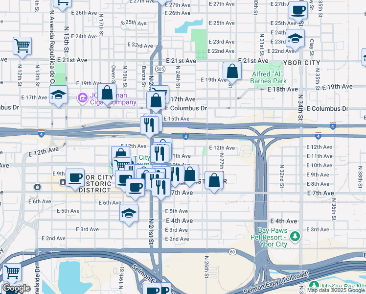 map of restaurants, bars, coffee shops, grocery stores, and more near 2317 North 13th Street in Tampa