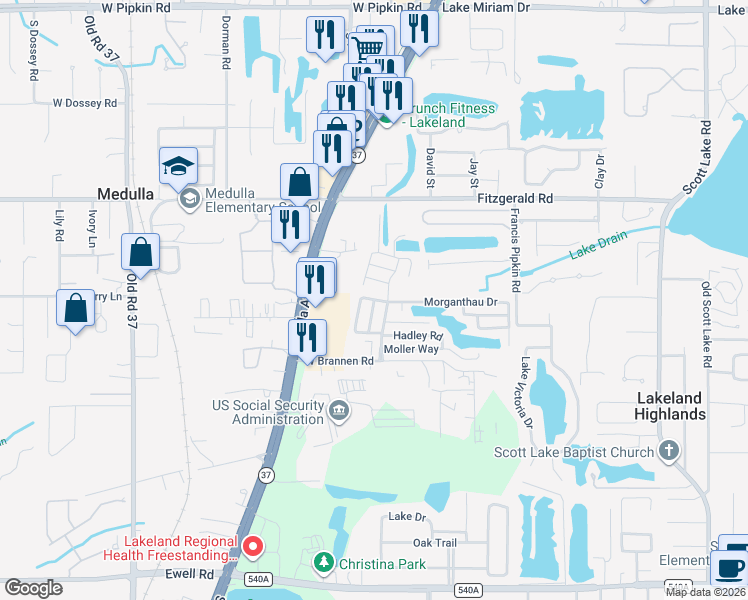 map of restaurants, bars, coffee shops, grocery stores, and more near Prentice Way in Lakeland