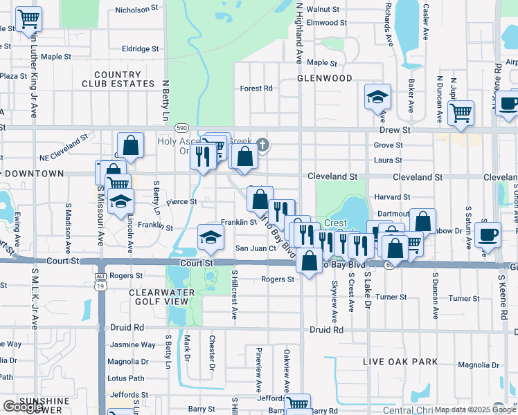 map of restaurants, bars, coffee shops, grocery stores, and more near 1437 Park Street in Clearwater