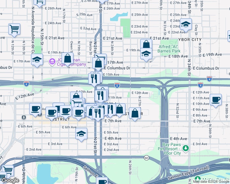 map of restaurants, bars, coffee shops, grocery stores, and more near 2317 North 13th Street in Tampa