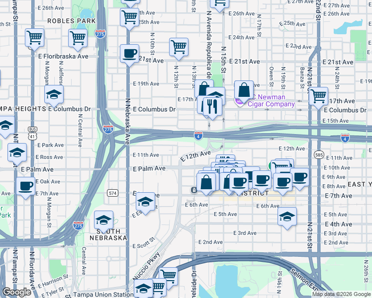 map of restaurants, bars, coffee shops, grocery stores, and more near 1217 East 13th Avenue in Tampa