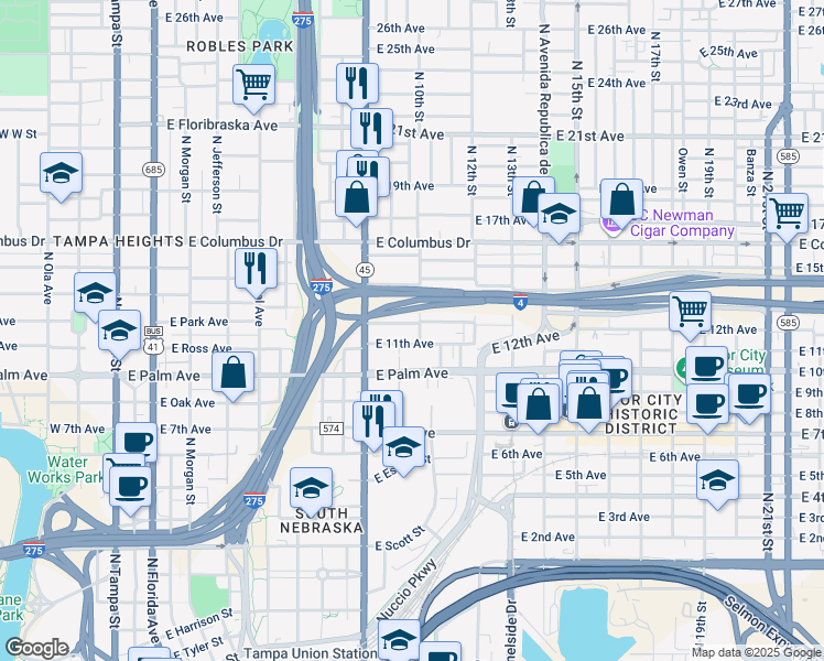 map of restaurants, bars, coffee shops, grocery stores, and more near 1002 East 12th Avenue in Tampa