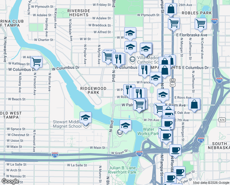 map of restaurants, bars, coffee shops, grocery stores, and more near 413 West Park Avenue in Tampa