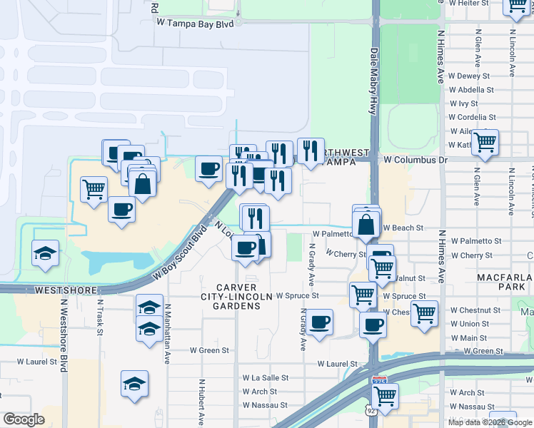 map of restaurants, bars, coffee shops, grocery stores, and more near 4030 West Boy Scout Boulevard in Tampa