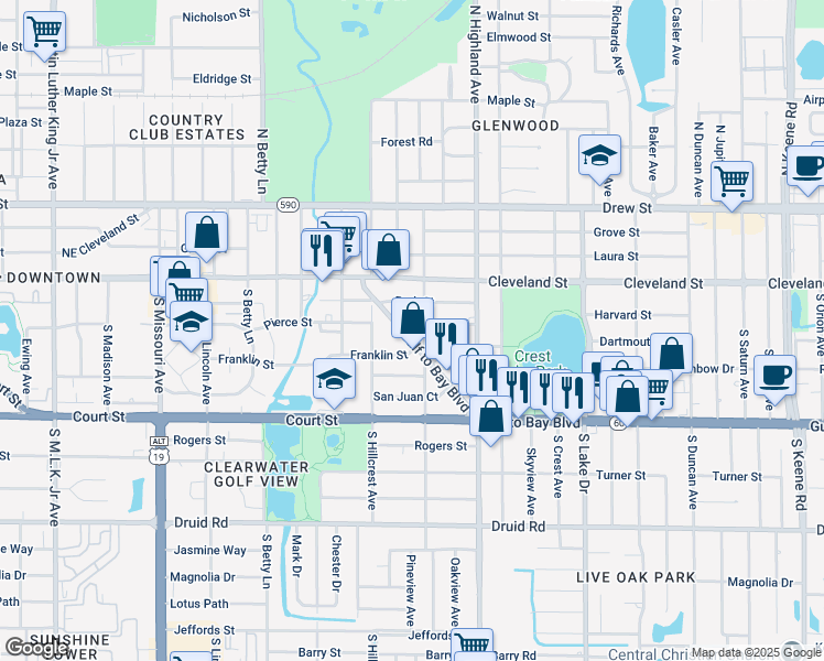 map of restaurants, bars, coffee shops, grocery stores, and more near 1437 Park Street in Clearwater
