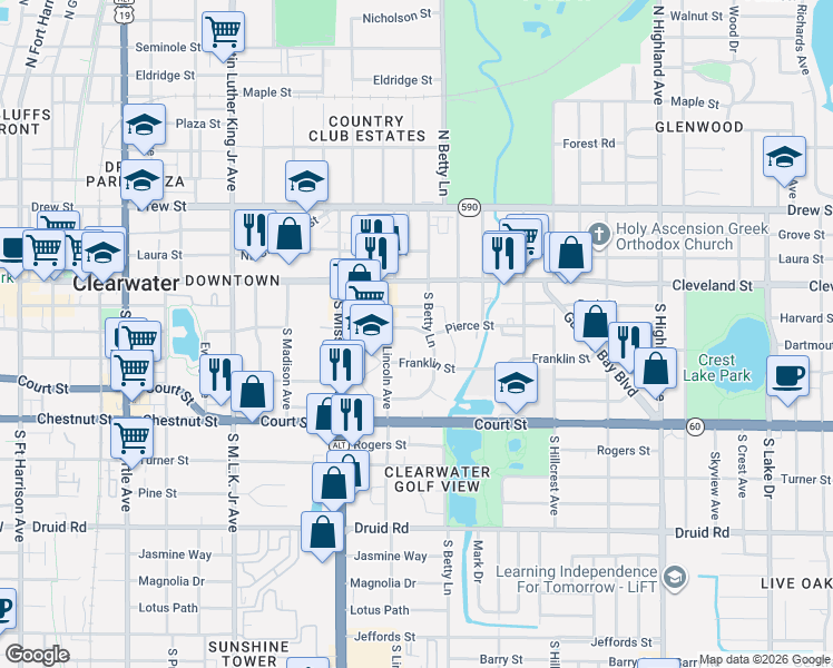 map of restaurants, bars, coffee shops, grocery stores, and more near 1261 Park Street in Clearwater