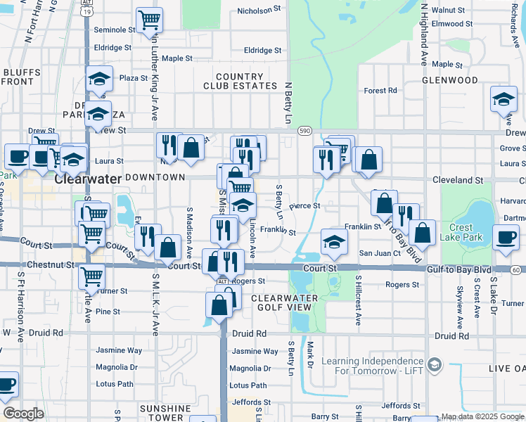 map of restaurants, bars, coffee shops, grocery stores, and more near 1261 Park Street in Clearwater