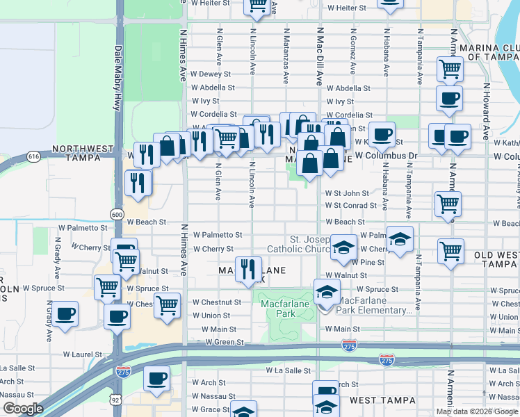 map of restaurants, bars, coffee shops, grocery stores, and more near 2607 North Lincoln Avenue in Tampa