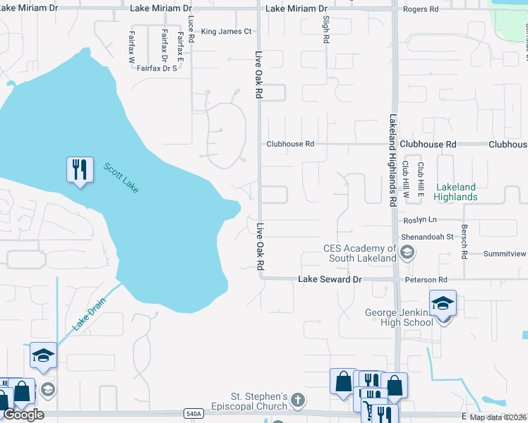 map of restaurants, bars, coffee shops, grocery stores, and more near 1608 Lakewood Drive South in Lakeland