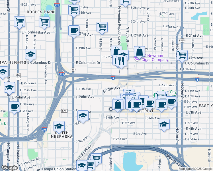 map of restaurants, bars, coffee shops, grocery stores, and more near 1217 East 13th Avenue in Tampa