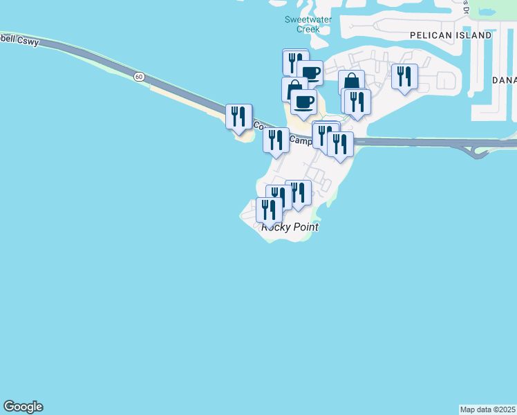 map of restaurants, bars, coffee shops, grocery stores, and more near 2506 North Rocky Point Drive in Tampa