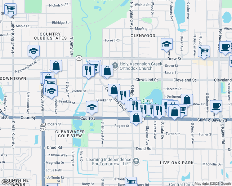 map of restaurants, bars, coffee shops, grocery stores, and more near 1437 Park Street in Clearwater