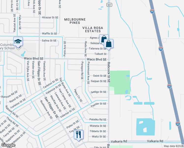 map of restaurants, bars, coffee shops, grocery stores, and more near 1635 Saladino Street Southeast in Palm Bay