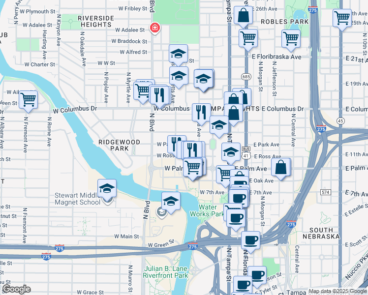 map of restaurants, bars, coffee shops, grocery stores, and more near 319 West Park Avenue in Tampa