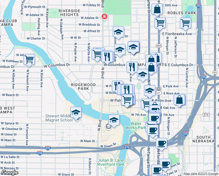map of restaurants, bars, coffee shops, grocery stores, and more near 413 West Park Avenue in Tampa