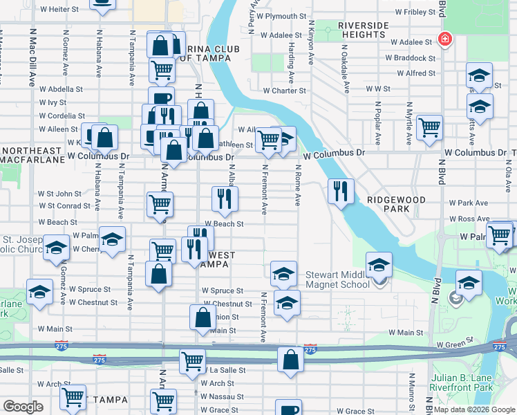 map of restaurants, bars, coffee shops, grocery stores, and more near 1907 West Saint John Street in Tampa