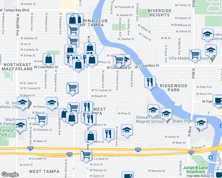map of restaurants, bars, coffee shops, grocery stores, and more near 1907 West Saint John Street in Tampa