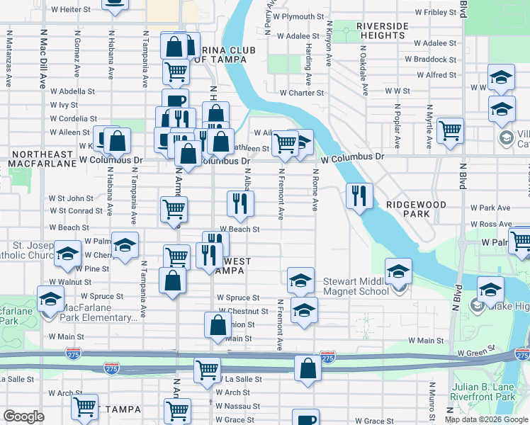 map of restaurants, bars, coffee shops, grocery stores, and more near 1907 West Saint John Street in Tampa