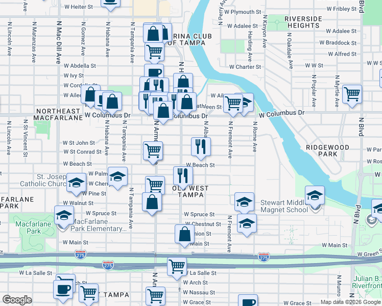 map of restaurants, bars, coffee shops, grocery stores, and more near 2117 West Saint John Street in Tampa