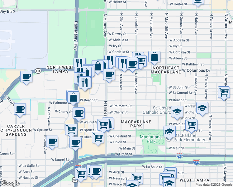 map of restaurants, bars, coffee shops, grocery stores, and more near 3408 West Saint John Street in Tampa