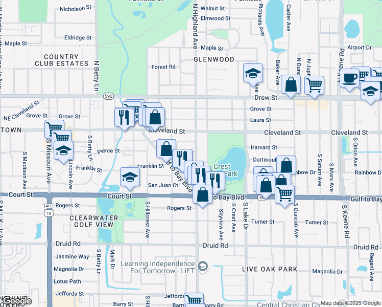 map of restaurants, bars, coffee shops, grocery stores, and more near 1483 Park Street in Clearwater