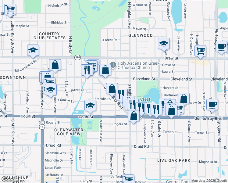 map of restaurants, bars, coffee shops, grocery stores, and more near 1437 Park Street in Clearwater