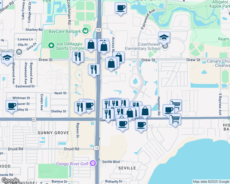 map of restaurants, bars, coffee shops, grocery stores, and more near 380 Park Place Boulevard in Clearwater