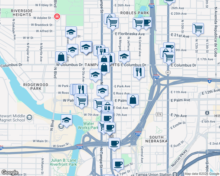 map of restaurants, bars, coffee shops, grocery stores, and more near 2016 North Florida Avenue in Tampa