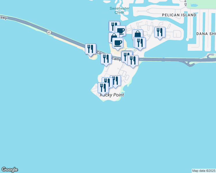 map of restaurants, bars, coffee shops, grocery stores, and more near 2600 North Rocky Point Drive in Tampa