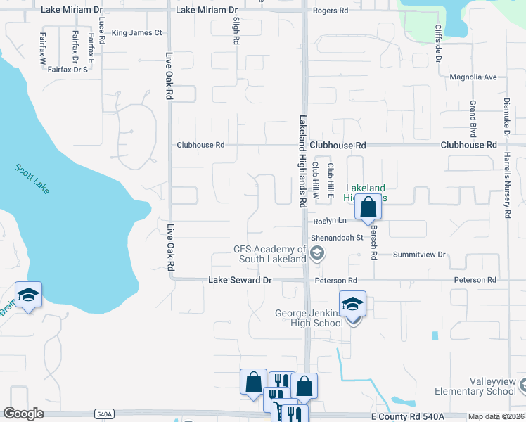 map of restaurants, bars, coffee shops, grocery stores, and more near 5551 Emerald Ridge Boulevard in Lakeland