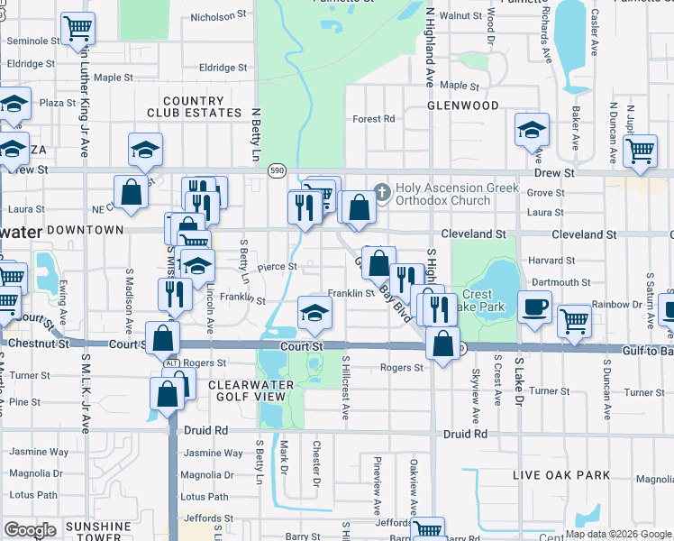 map of restaurants, bars, coffee shops, grocery stores, and more near 1377 Pierce Street in Clearwater