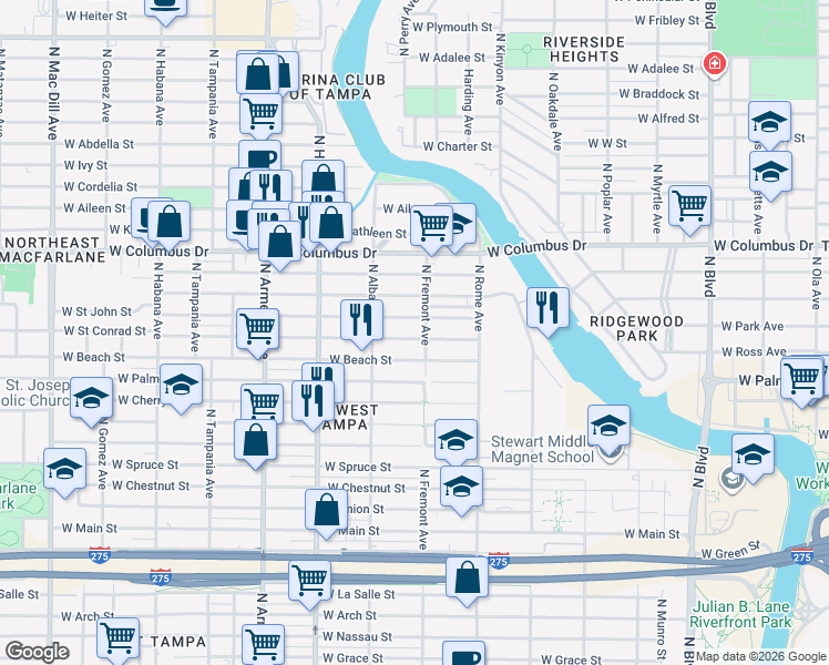 map of restaurants, bars, coffee shops, grocery stores, and more near 1907 West Saint John Street in Tampa